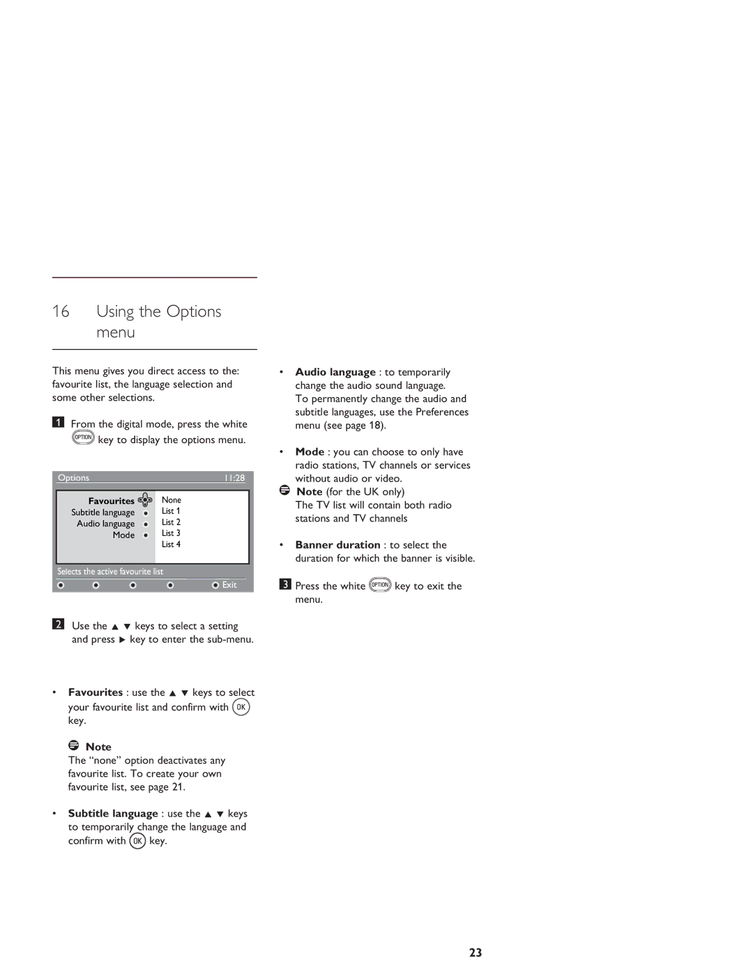 Philips LCD And Plasma Panel TV user manual Using the Options menu, Subtitle language use the Î ï keys 