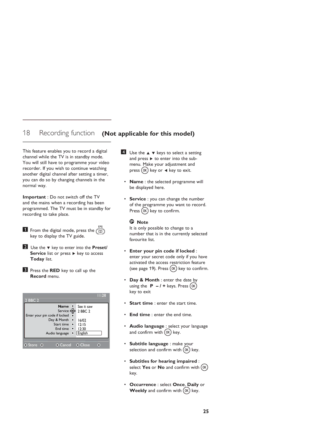 Philips LCD And Plasma Panel TV Today list, Record menu, Subtitle language make your, Subtitles for hearing impaired 