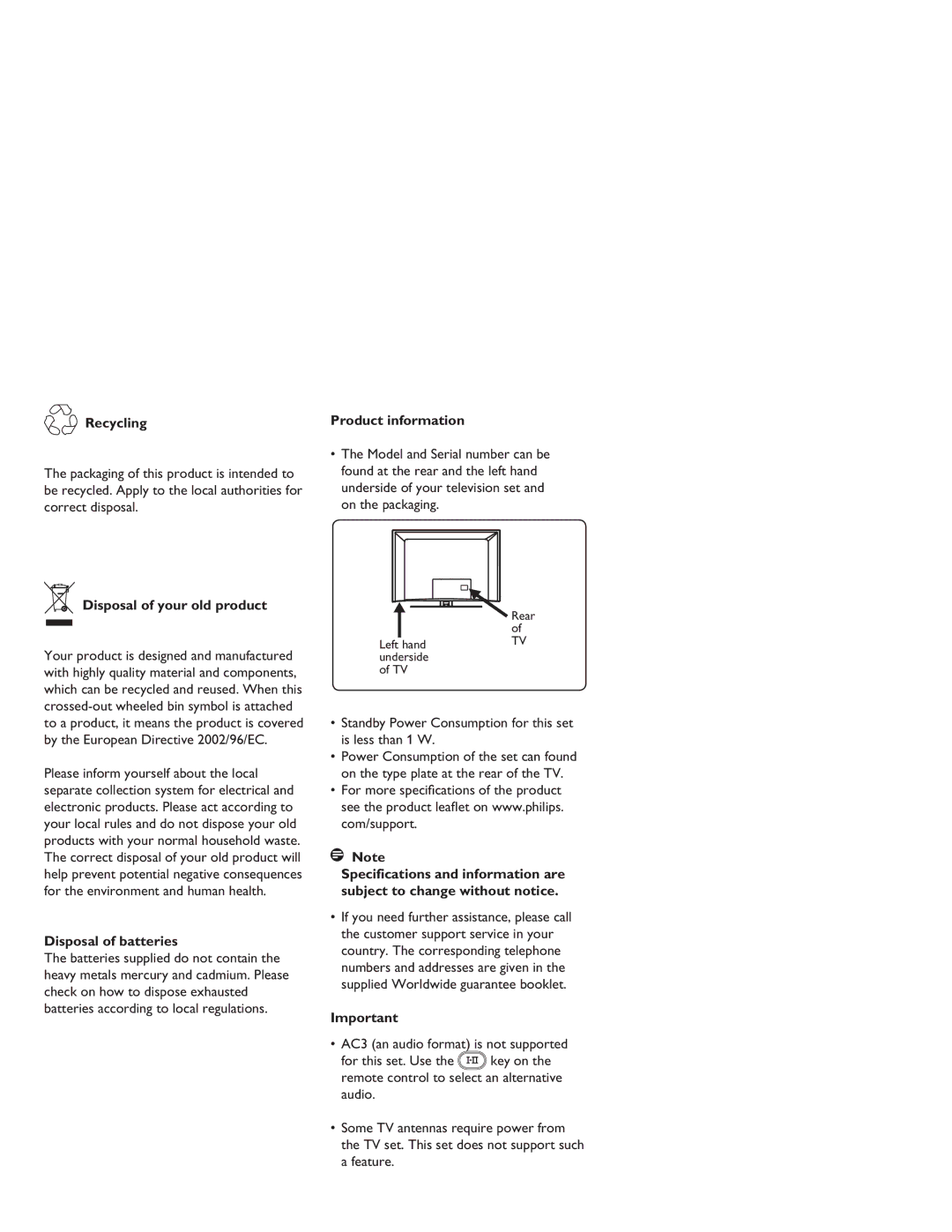 Philips LCD And Plasma Panel TV Recycling, Product information, Disposal of your old product, Disposal of batteries 