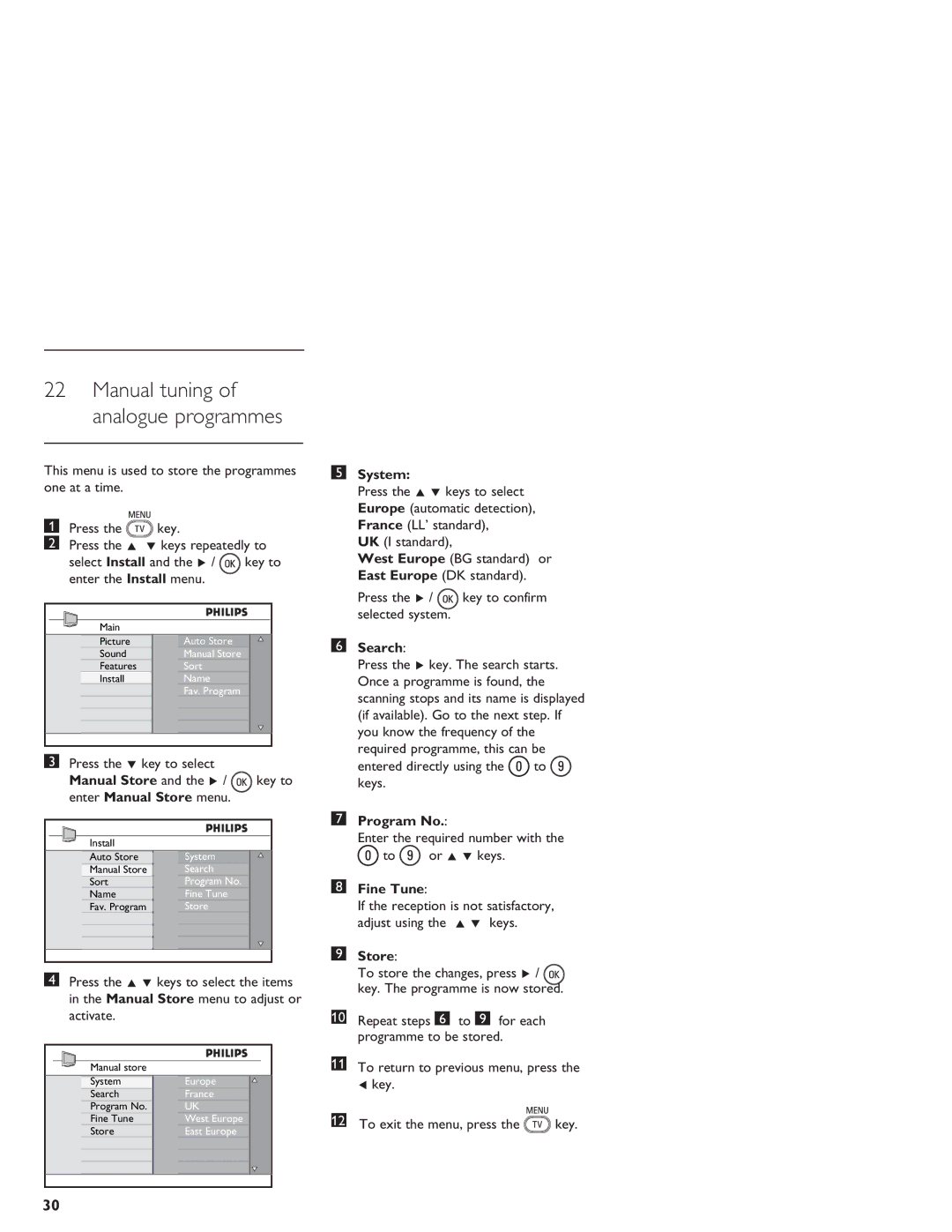 Philips LCD And Plasma Panel TV user manual Enter Manual Store menu, System, Search, Program No, Fine Tune 