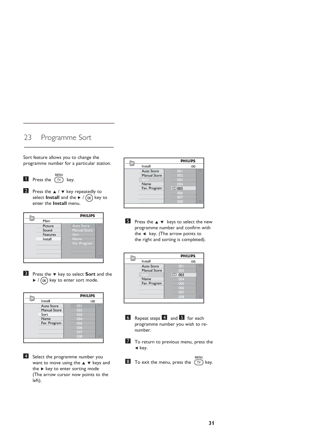 Philips LCD And Plasma Panel TV user manual Programme Sort, Press the ï key to select Sort Key to enter sort mode 