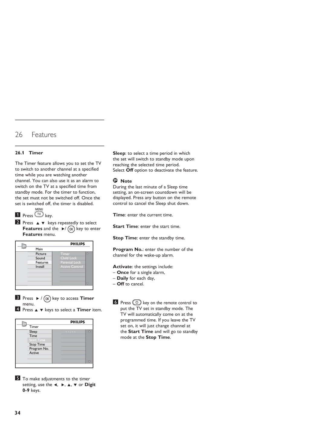 Philips LCD And Plasma Panel TV user manual Features, Timer, Select Off option to deactivate the feature 