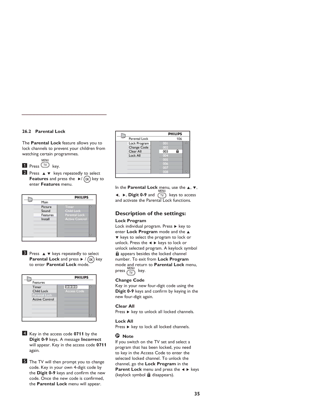 Philips LCD And Plasma Panel TV user manual Parental Lock, Lock Program, Change Code, Clear All, Lock All 