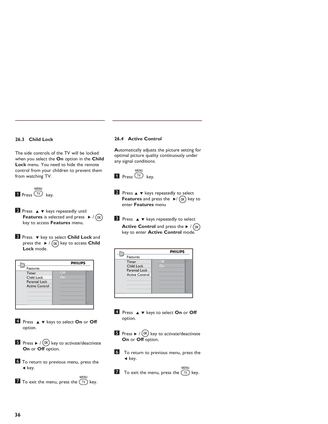 Philips LCD And Plasma Panel TV user manual Child Lock, Active Control 