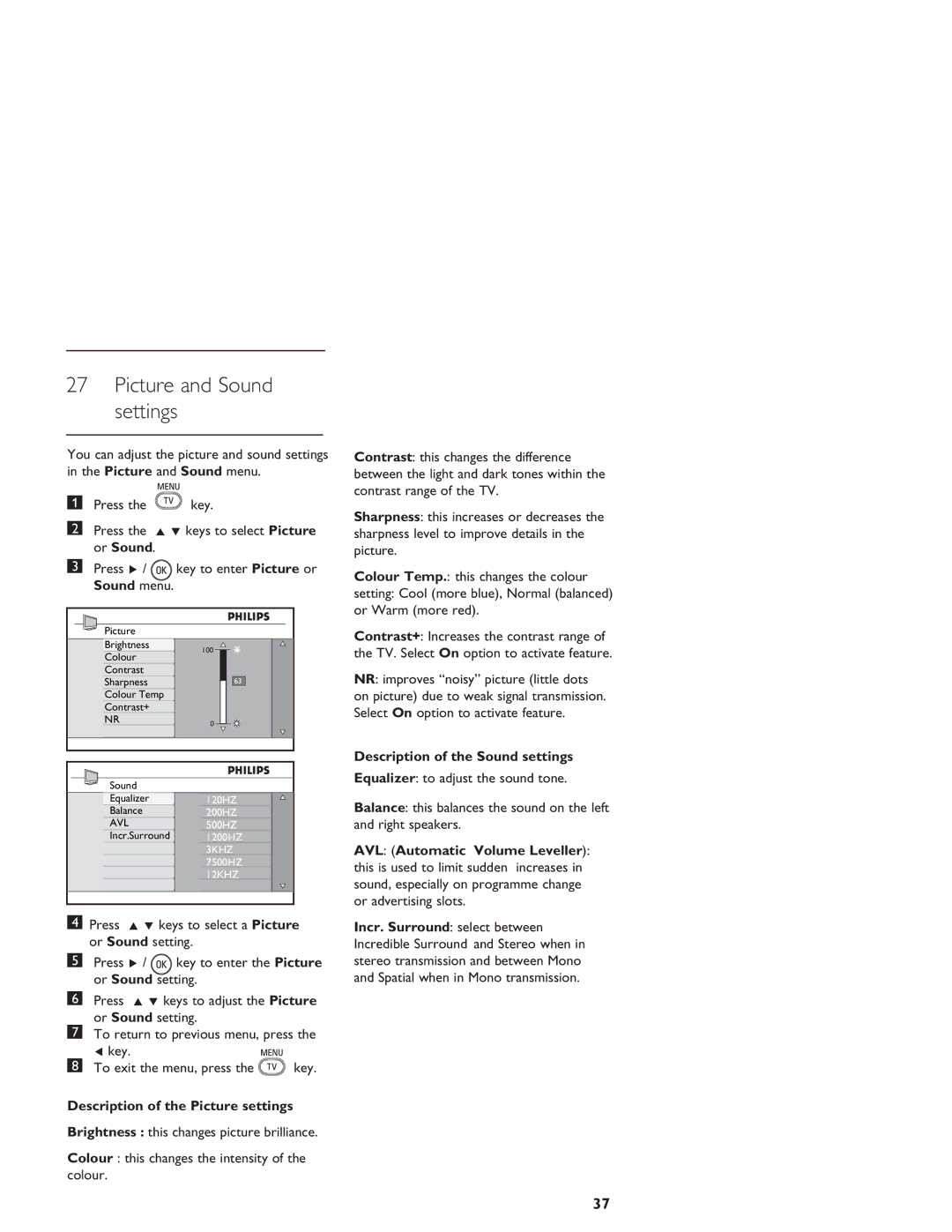 Philips LCD And Plasma Panel TV user manual Picture and Sound settings, Sound menu, Description of the Picture settings 