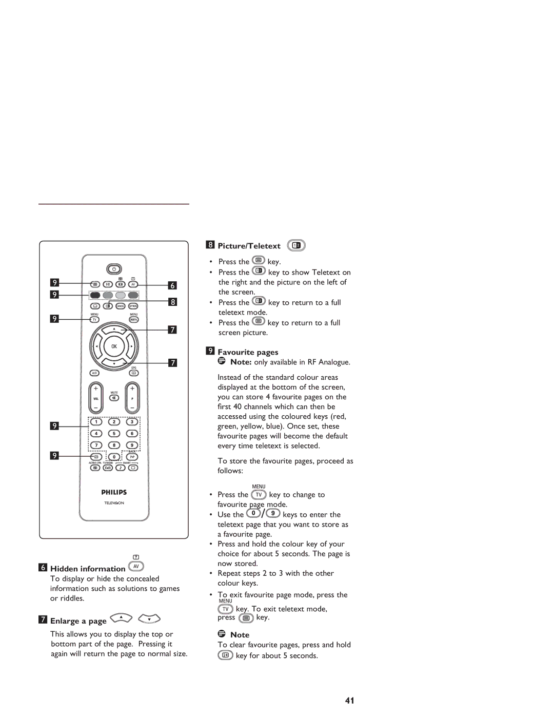 Philips LCD And Plasma Panel TV user manual Hidden information, Enlarge a, Picture/Teletext, Favourite pages 