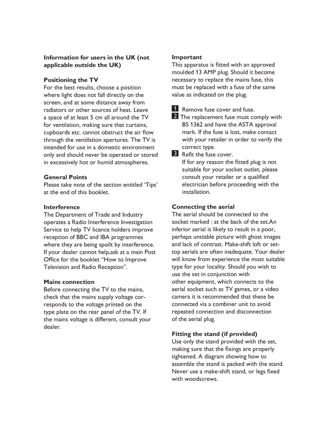 Philips LCD And Plasma Panel TV user manual General Points, Interference, Mains connection, Connecting the aerial 