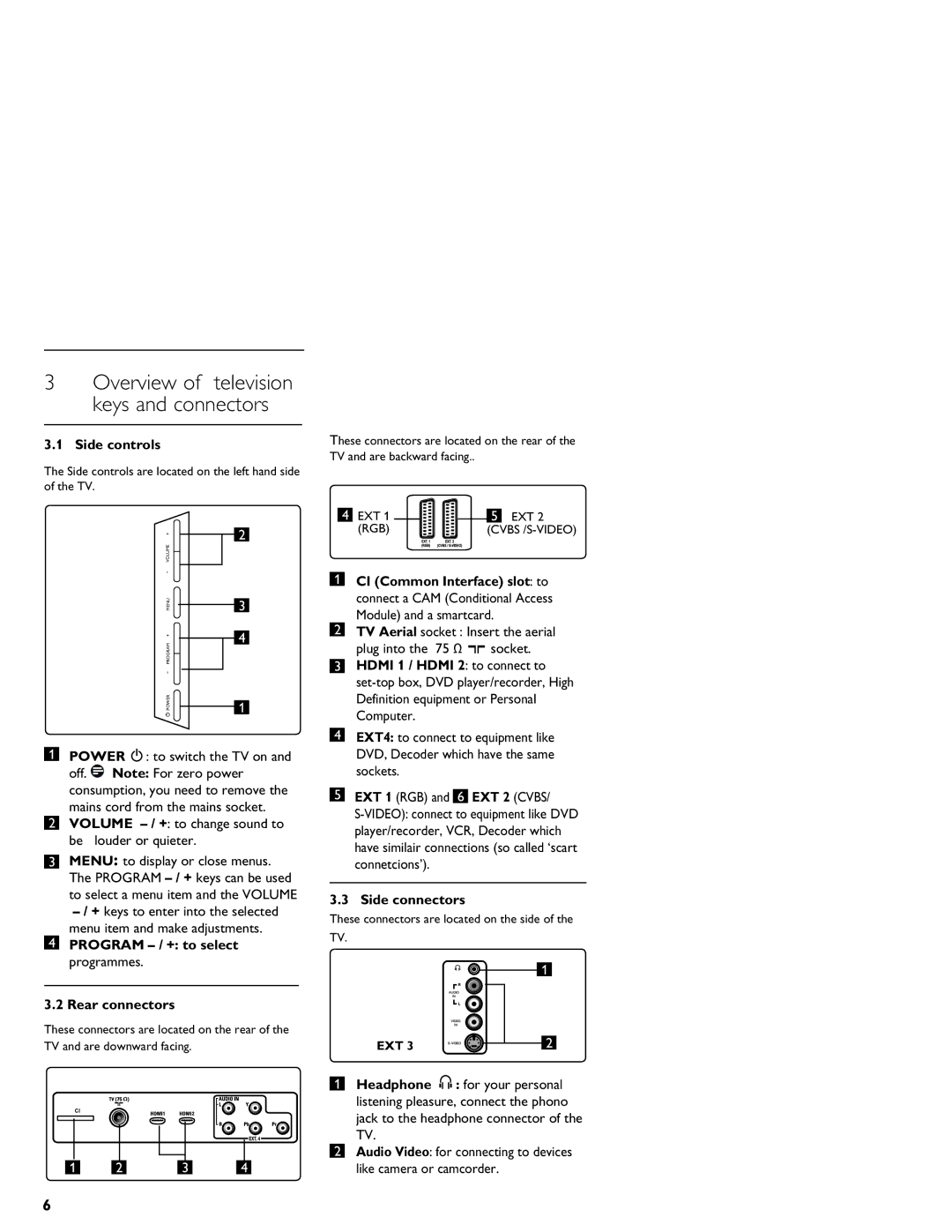 Philips LCD And Plasma Panel TV user manual Side controls, Power . to switch the TV on, Side connectors 