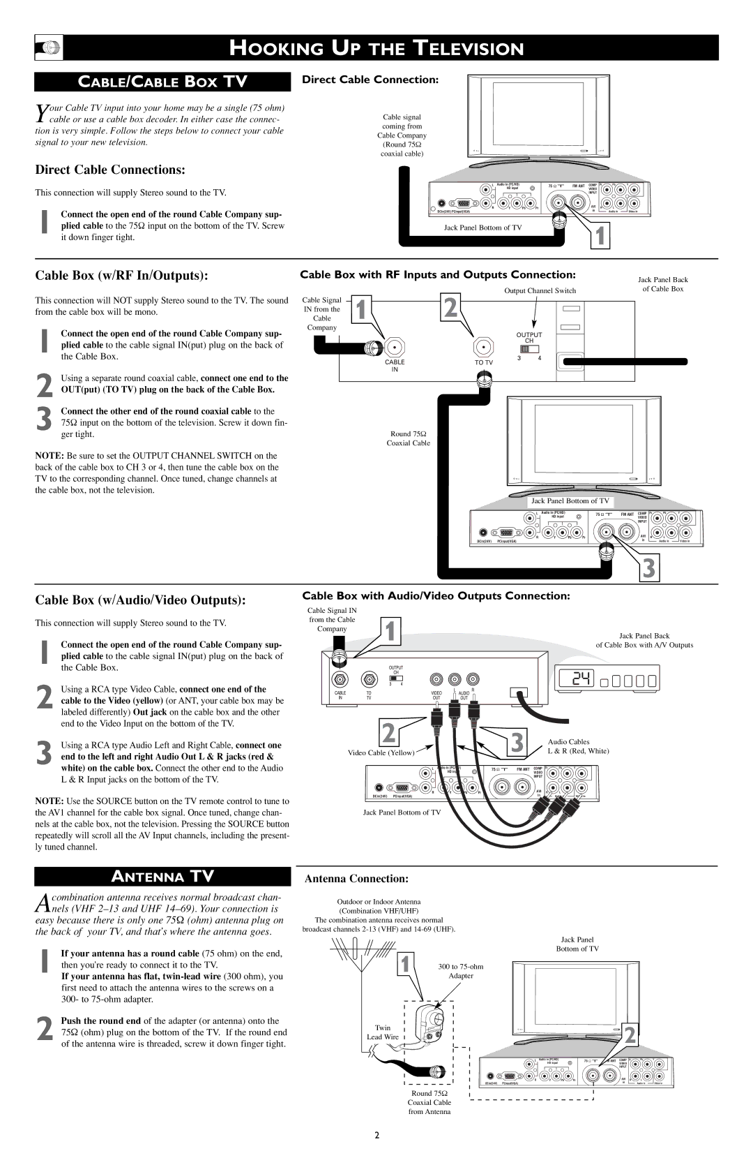 Philips LCD Color TV owner manual Hooking UP the Television, Cable /CABLE BOX TV, Antenna TV 