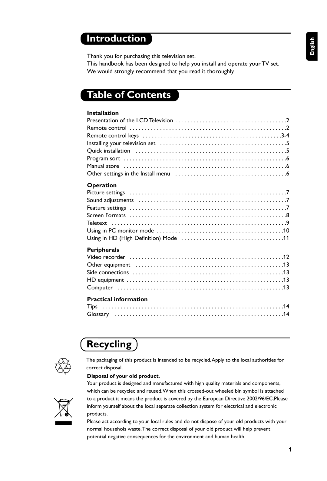 Philips LCD FLAT TV manual Introduction, Table of Contents 