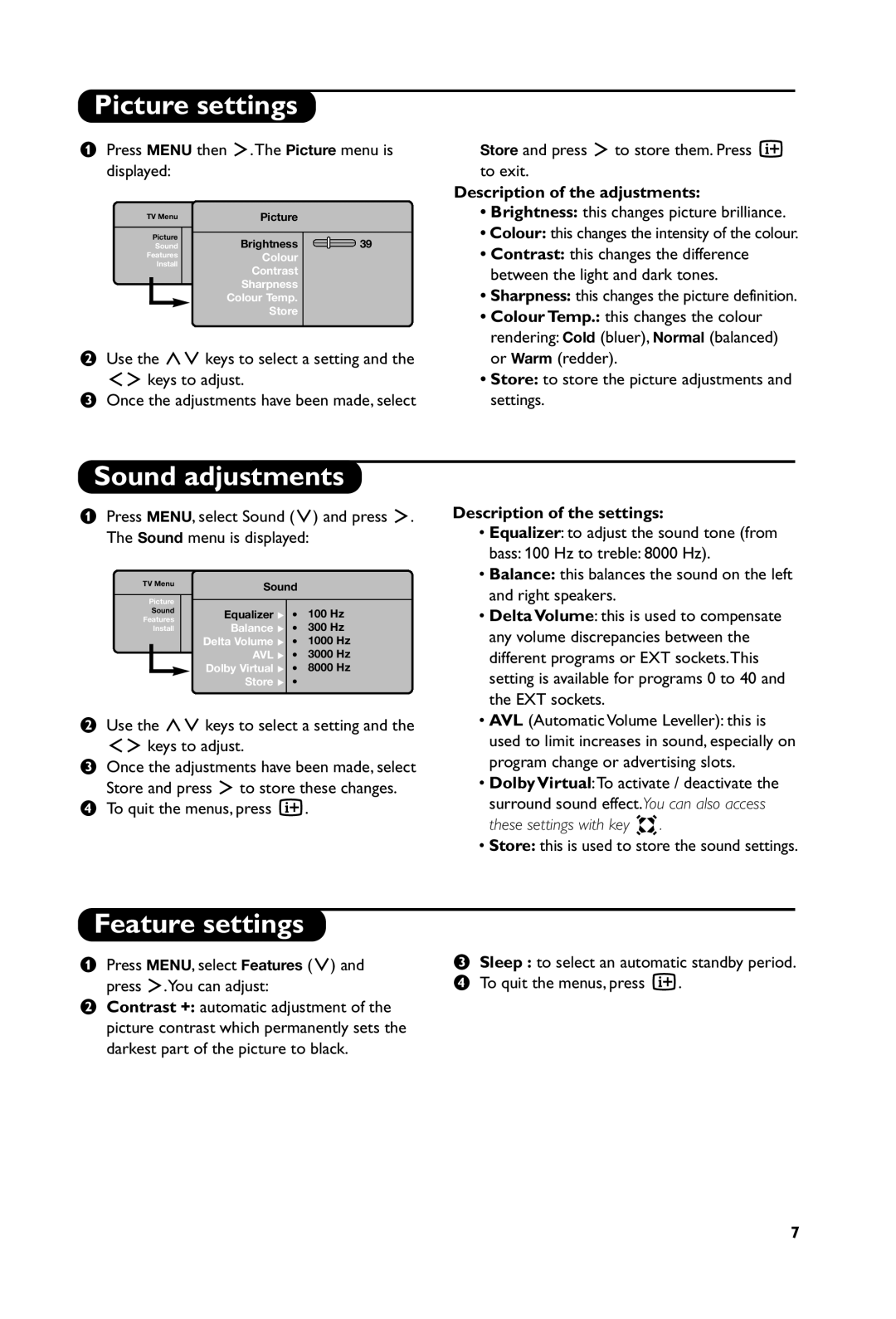 Philips LCD FLAT TV manual Picture settings, Sound adjustments, Feature settings, Description of the adjustments 