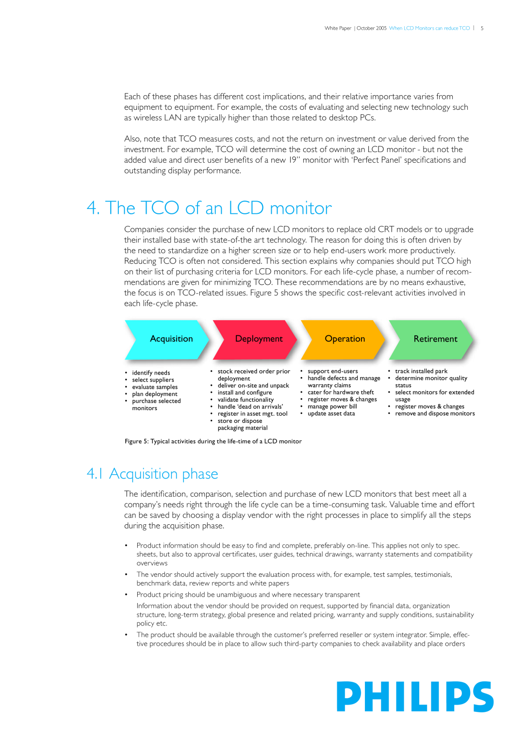 Philips LCD Monitors manual The TCO of an LCD monitor, Acquisition phase, Retirement, Deployment, Operation 