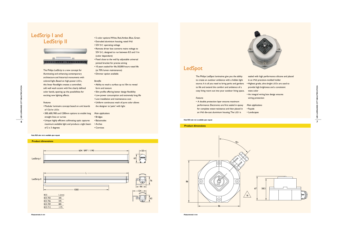 Philips LED Luminaires manual LedStrip I and, LedSpot, Benefits, Features, Main applications, Product dimensions 