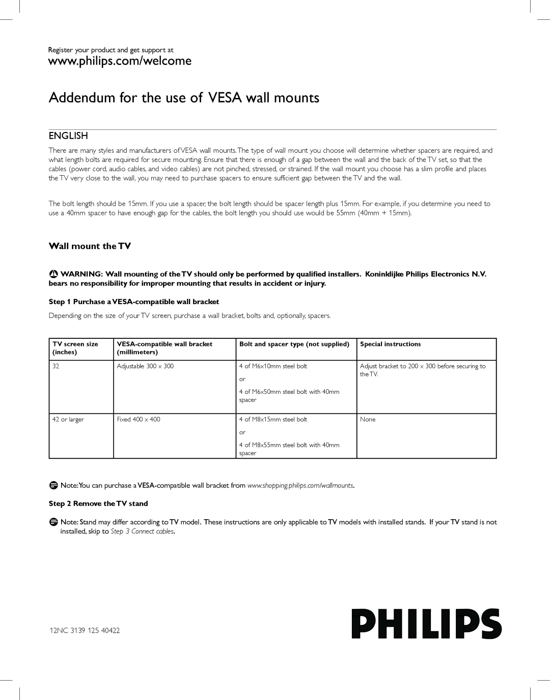 Philips LF4025D24 manual English, Wall mount the TV, Purchase a VESA-compatible wall bracket, Remove the TV stand 