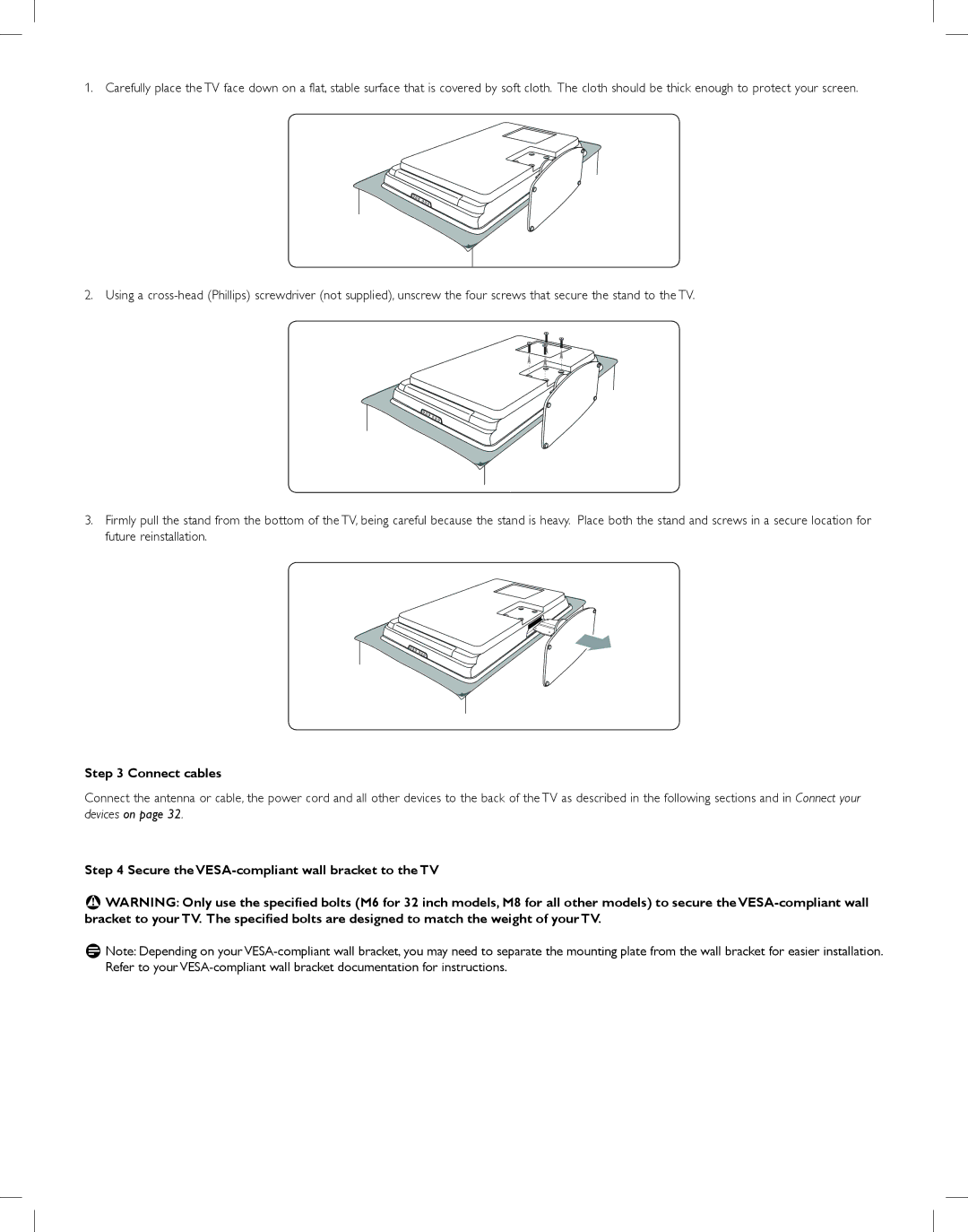 Philips LF402524, LF4025D24 manual Connect cables, Secure the VESA-compliant wall bracket to the TV 