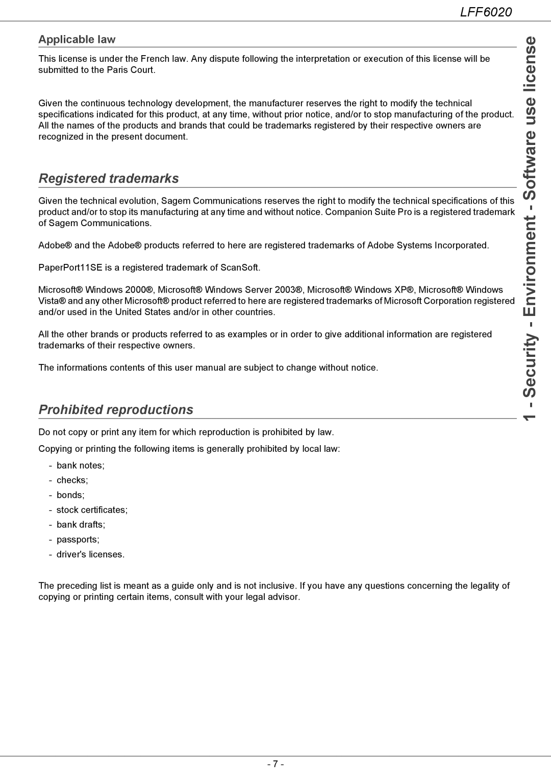 Philips LFF 6020 user manual Registered trademarks, Prohibited reproductions, Applicable law 