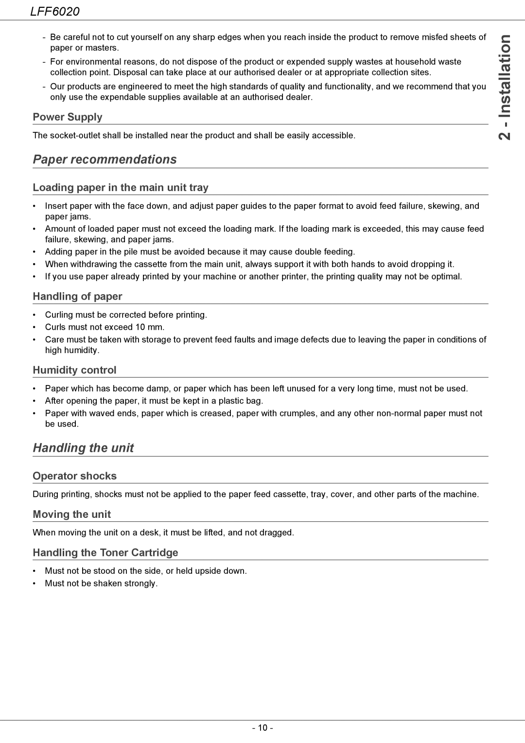 Philips LFF 6020 user manual Paper recommendations, Handling the unit 