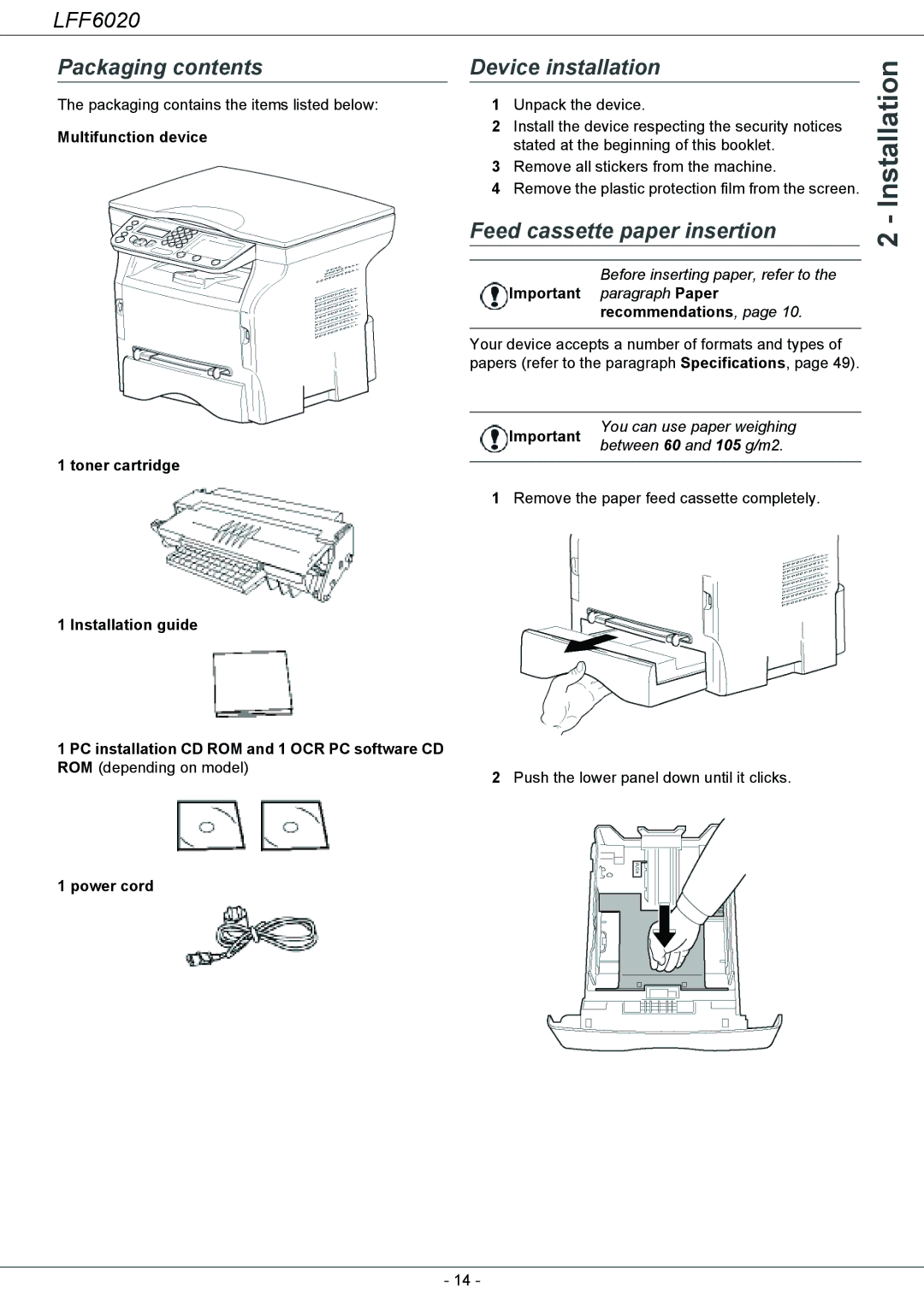 Philips LFF 6020 user manual Packaging contents, Device installation, Feed cassette paper insertion 