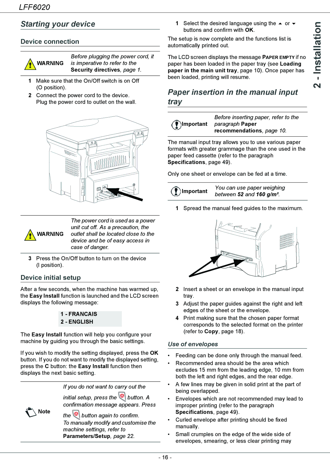 Philips LFF 6020 Starting your device, Paper insertion in the manual input tray, Device connection, Device initial setup 