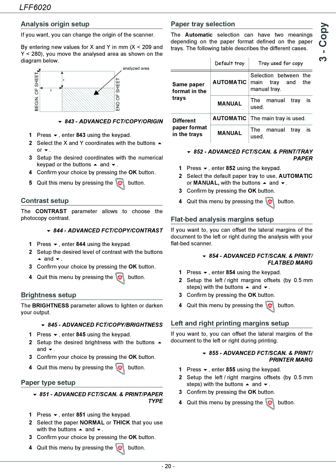 Philips LFF 6020 user manual Analysis origin setup Paper tray selection, Contrast setup, Flat-bed analysis margins setup 