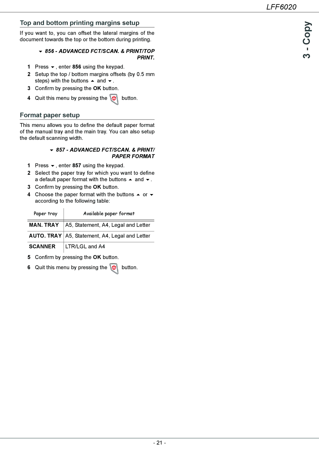 Philips LFF 6020 Top and bottom printing margins setup, Format paper setup, Advanced FCT/SCAN. & PRINT/TOP Print 