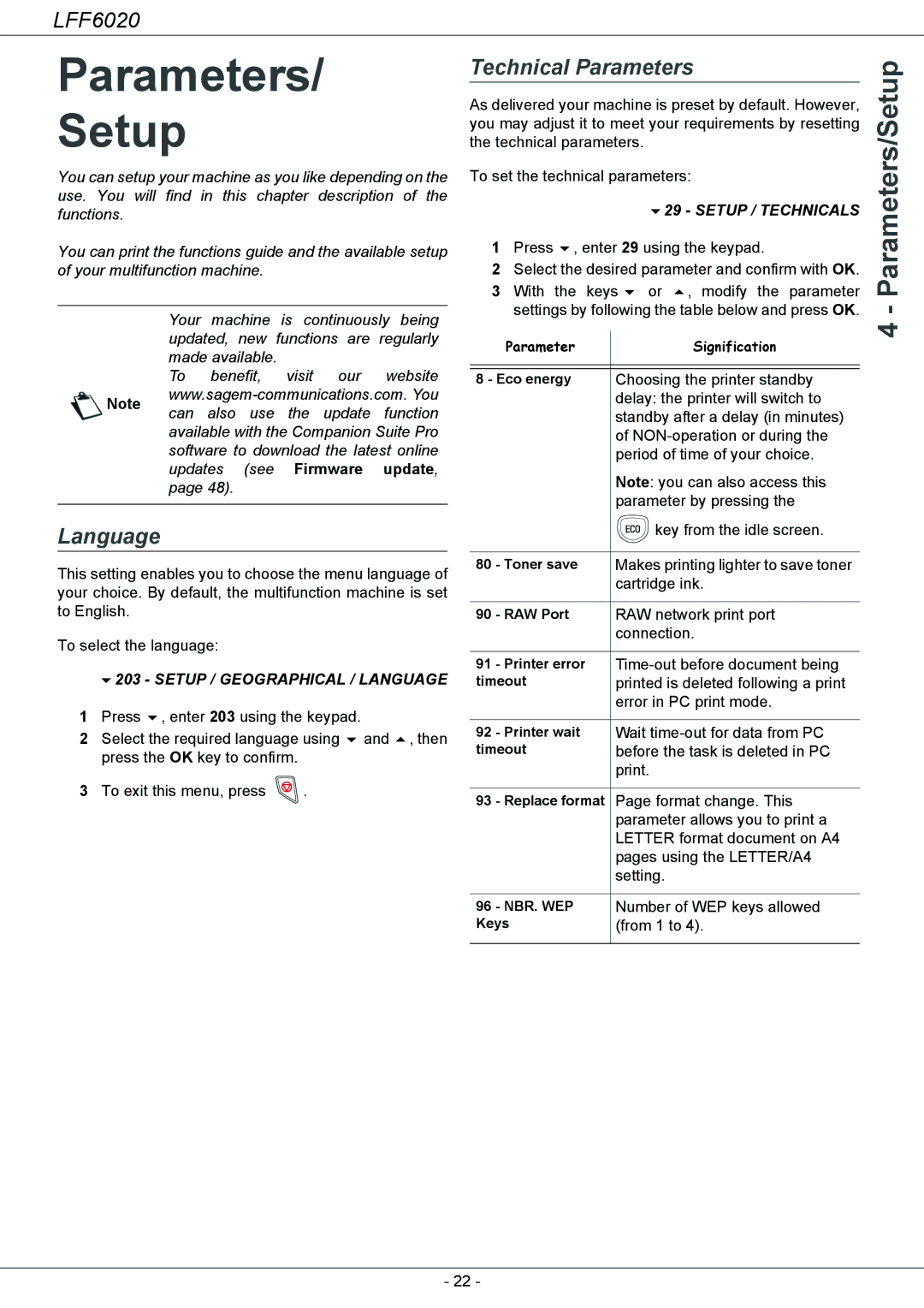 Philips LFF 6020 user manual Parameters Setup, Parameters/Setup, Language, Technical Parameters 