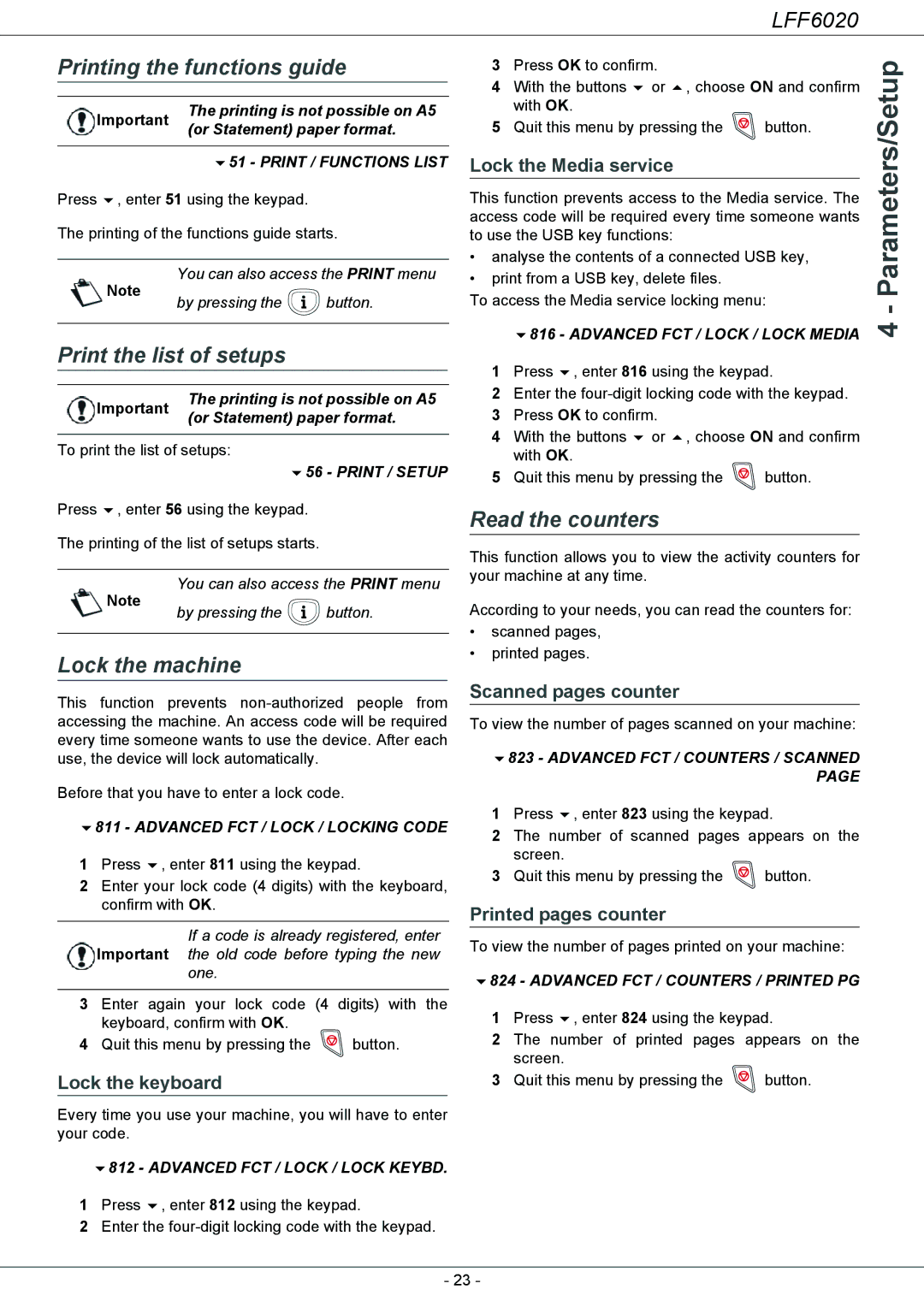 Philips LFF 6020 user manual Printing the functions guide, Print the list of setups, Lock the machine, Read the counters 