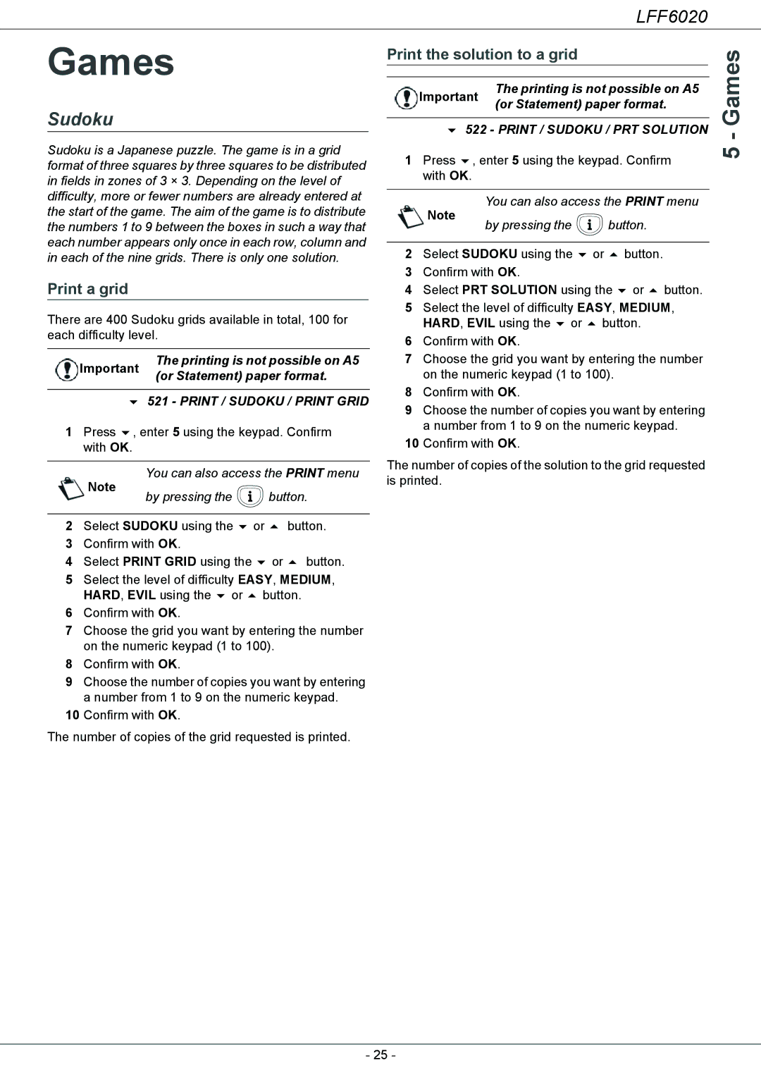 Philips LFF 6020 user manual Games, Sudoku, Print the solution to a grid, Print a grid 