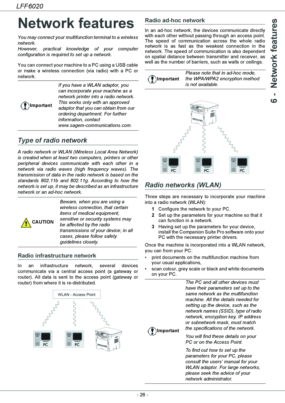 Philips LFF 6020 user manual Network features, Type of radio network, Radio networks Wlan 