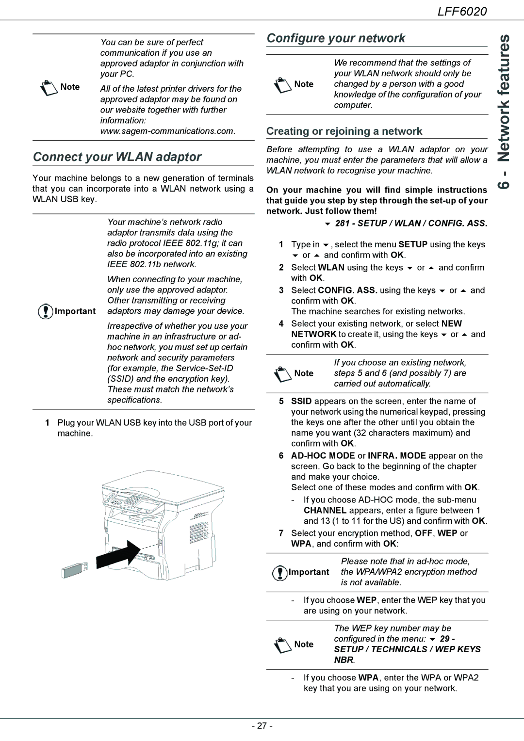 Philips LFF 6020 user manual Connect your Wlan adaptor, Configure your network, Creating or rejoining a network 