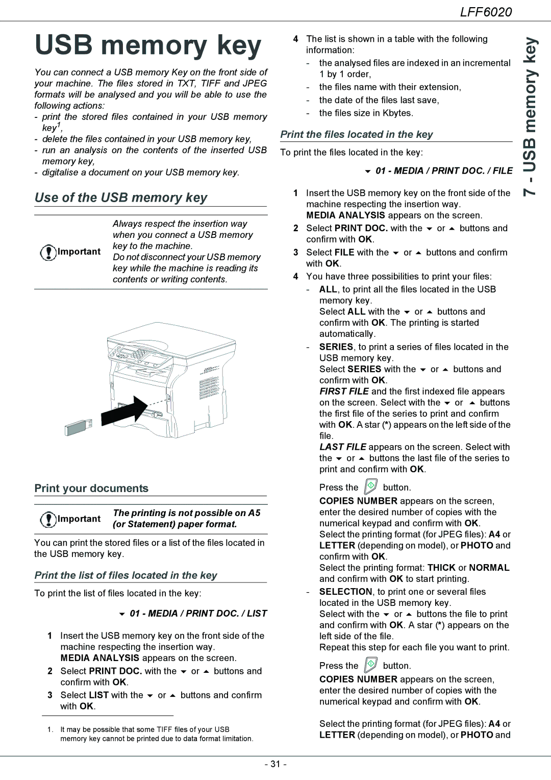 Philips LFF 6020 user manual Use of the USB memory key, Print your documents 