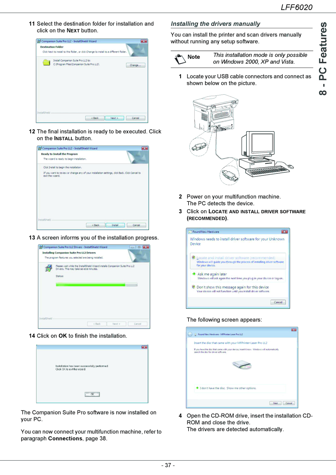 Philips LFF 6020 user manual Installing the drivers manually, On Windows 2000, XP and Vista 