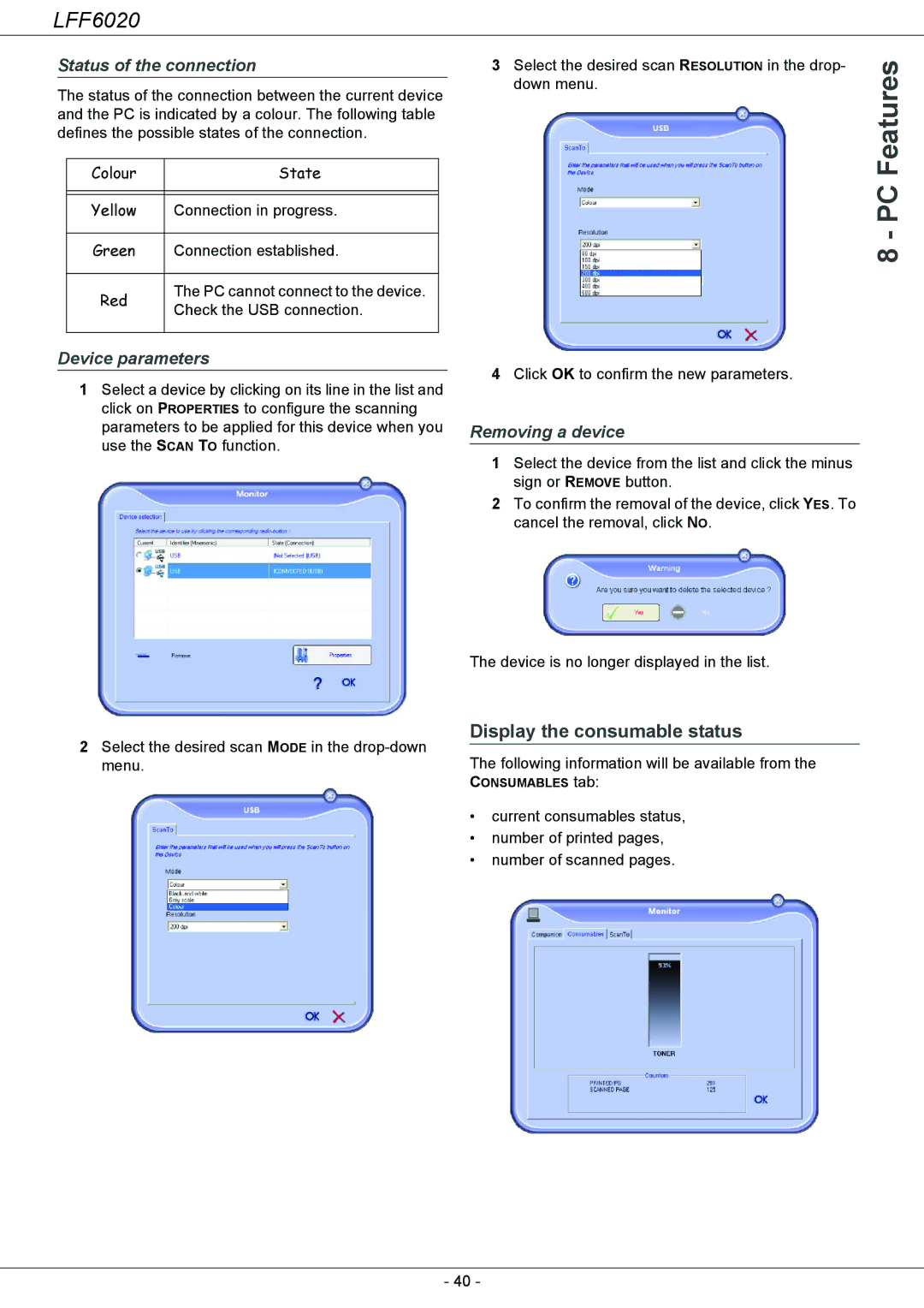 Philips LFF 6020 Down menu.Features PC, Display the consumable status, Status of the connection, Device parameters 