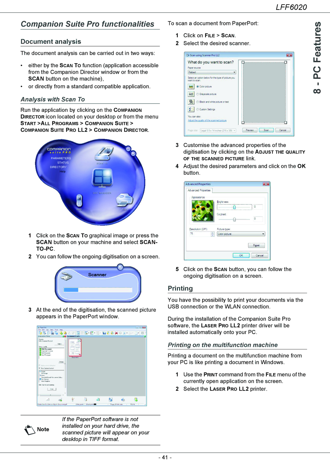 Philips LFF 6020 user manual Companion Suite Pro functionalities, Document analysis, Printing, Analysis with Scan To 