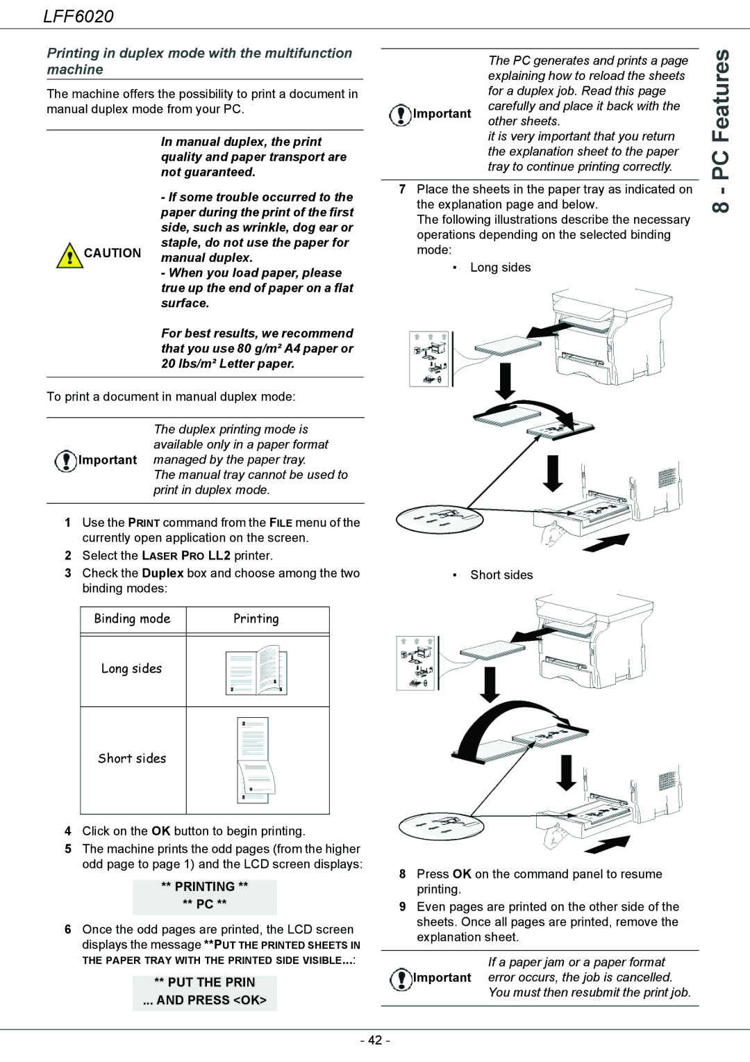 Philips LFF 6020 user manual Printing in duplex mode with the multifunction machine, 20 lbs/m² Letter paper 