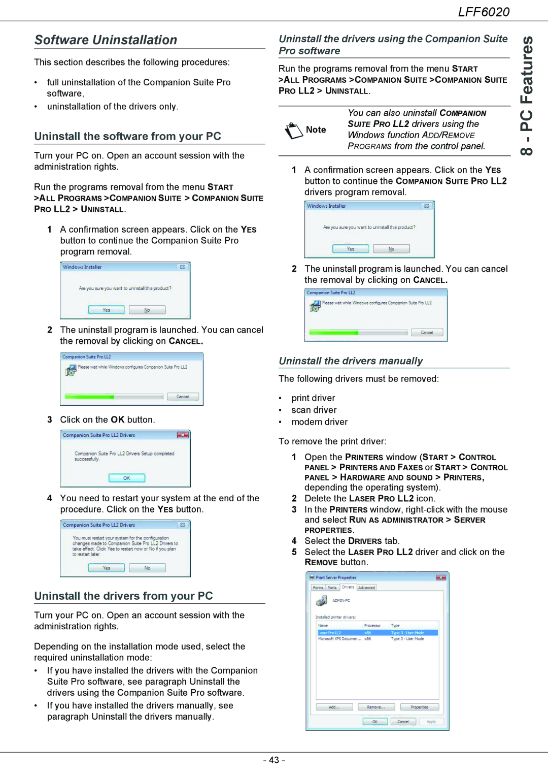 Philips LFF 6020 Software Uninstallation, Uninstall the software from your PC, Uninstall the drivers from your PC 