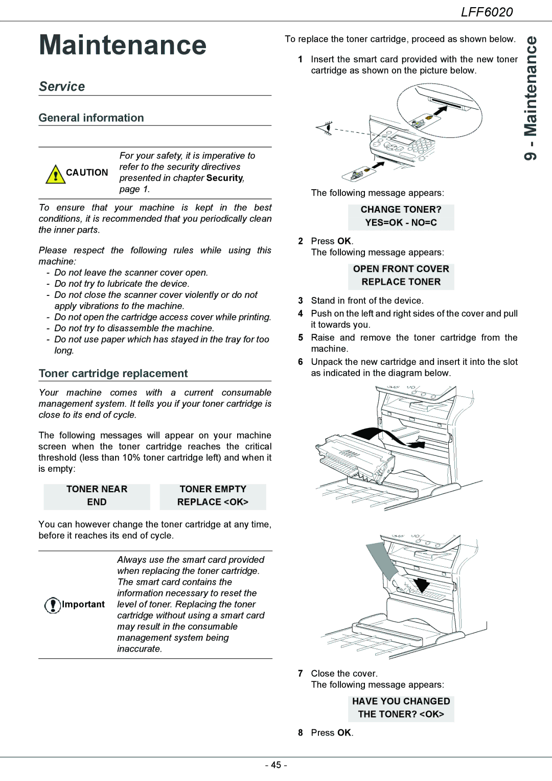 Philips LFF 6020 user manual Maintenance, Service, General information, Toner cartridge replacement 