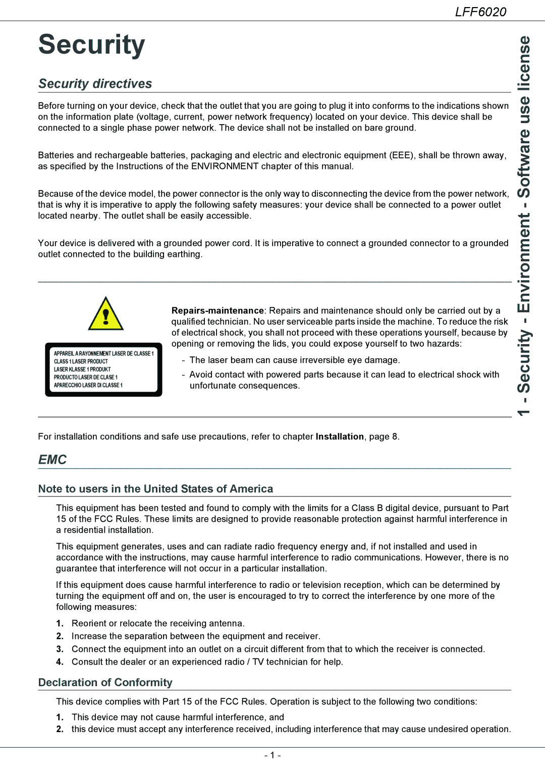 Philips LFF 6020 user manual Security Environment Software use license, Security directives, Declaration of Conformity 