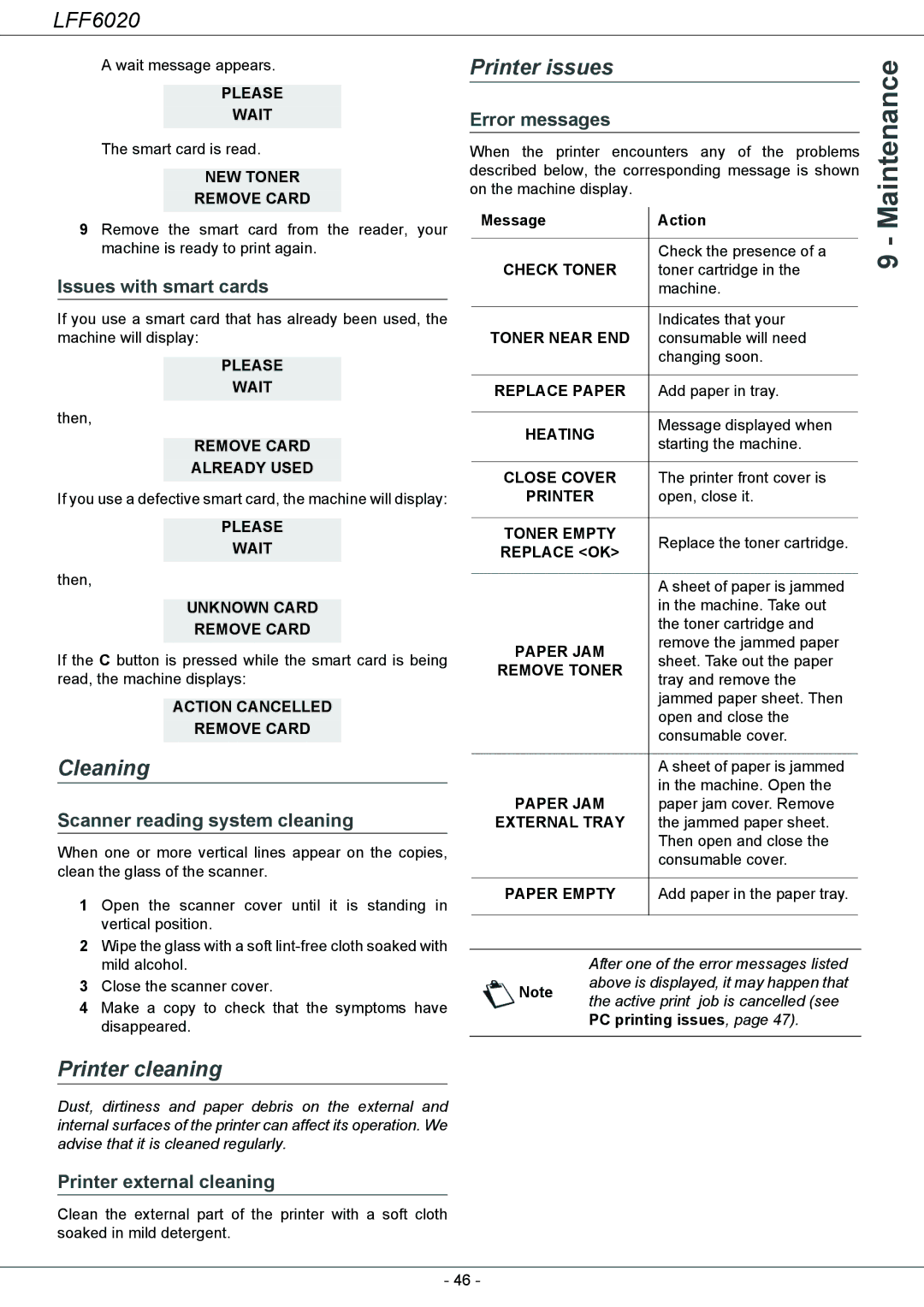 Philips LFF 6020 user manual Cleaning, Printer issues, Printer cleaning 