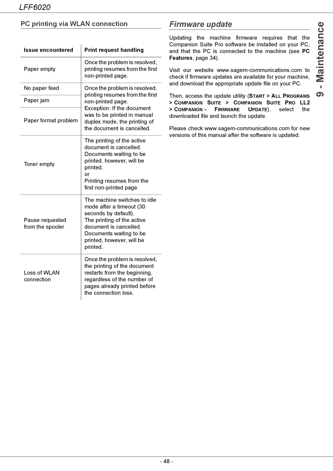 Philips LFF 6020 user manual Maintenance, Firmware update, PC printing via Wlan connection 