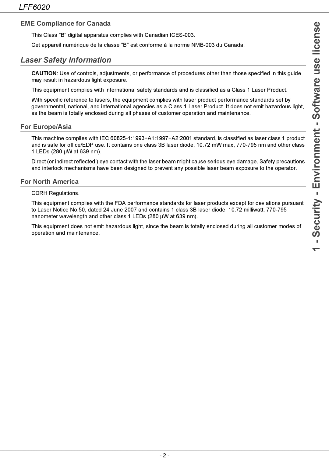 Philips LFF 6020 user manual Laser Safety Information, EME Compliance for Canada, For Europe/Asia, For North America 