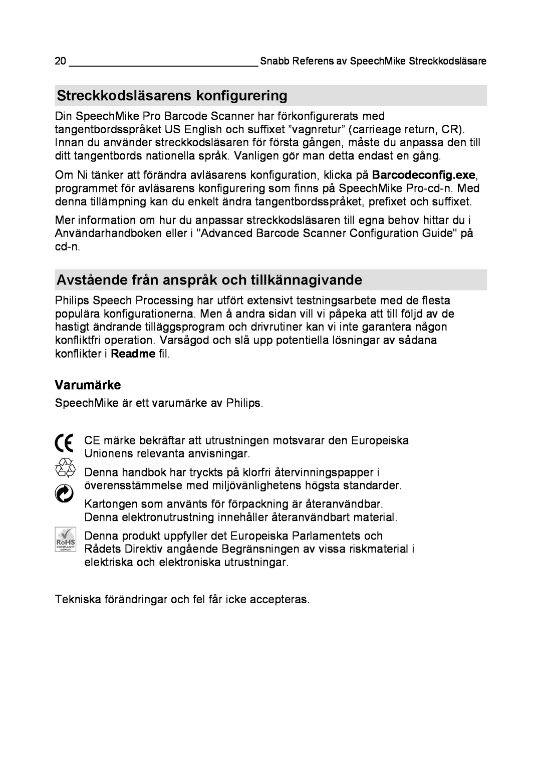 Philips LFH 5280, LFH 5284 manual Streckkodsläsarens konfigurering, Avstående från anspråk och tillkännagivande, Varumärke 