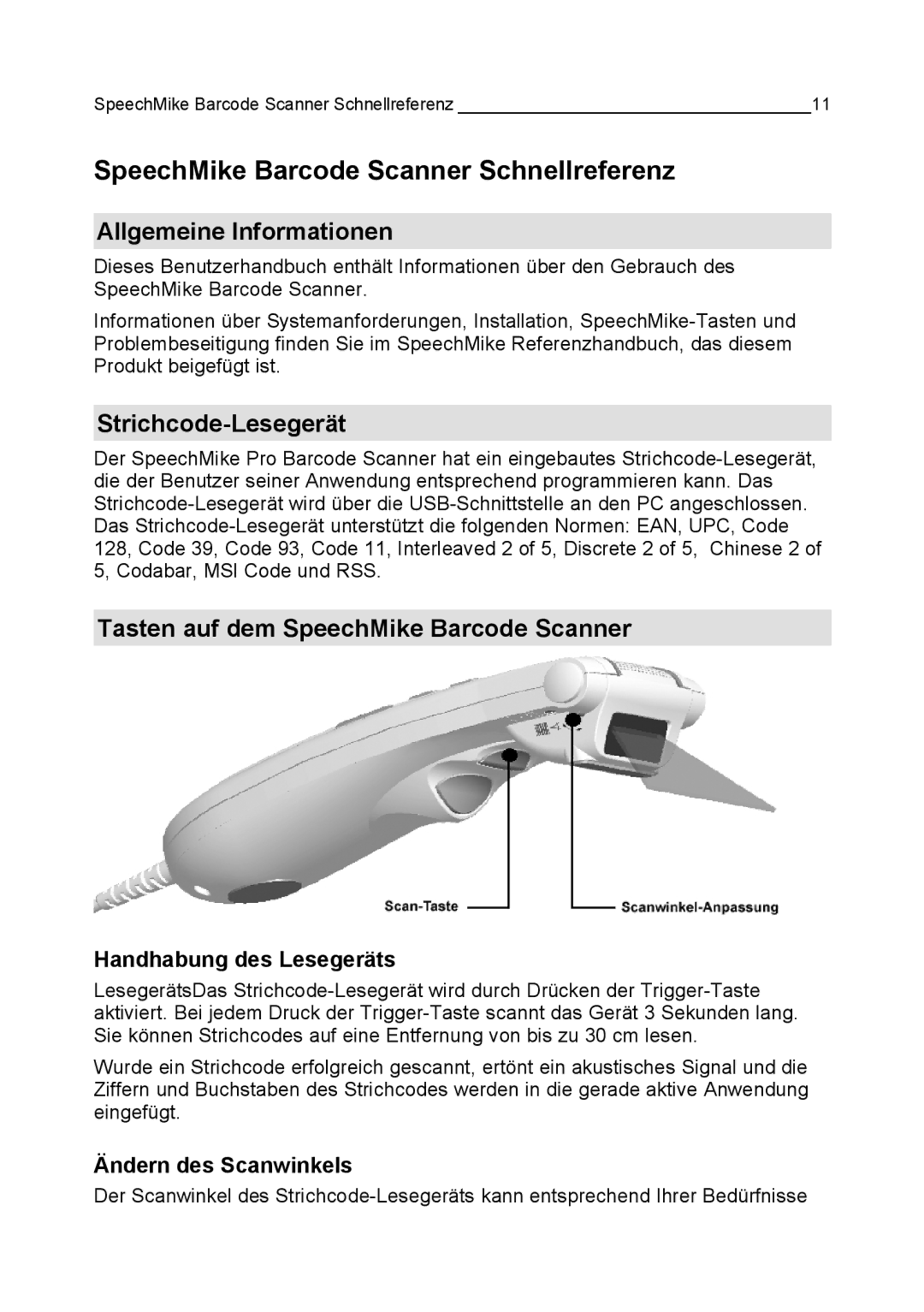 Philips LFH 5280, LFH 5284 manual SpeechMike Barcode Scanner Schnellreferenz, Allgemeine Informationen, Strichcode-Lesegerät 