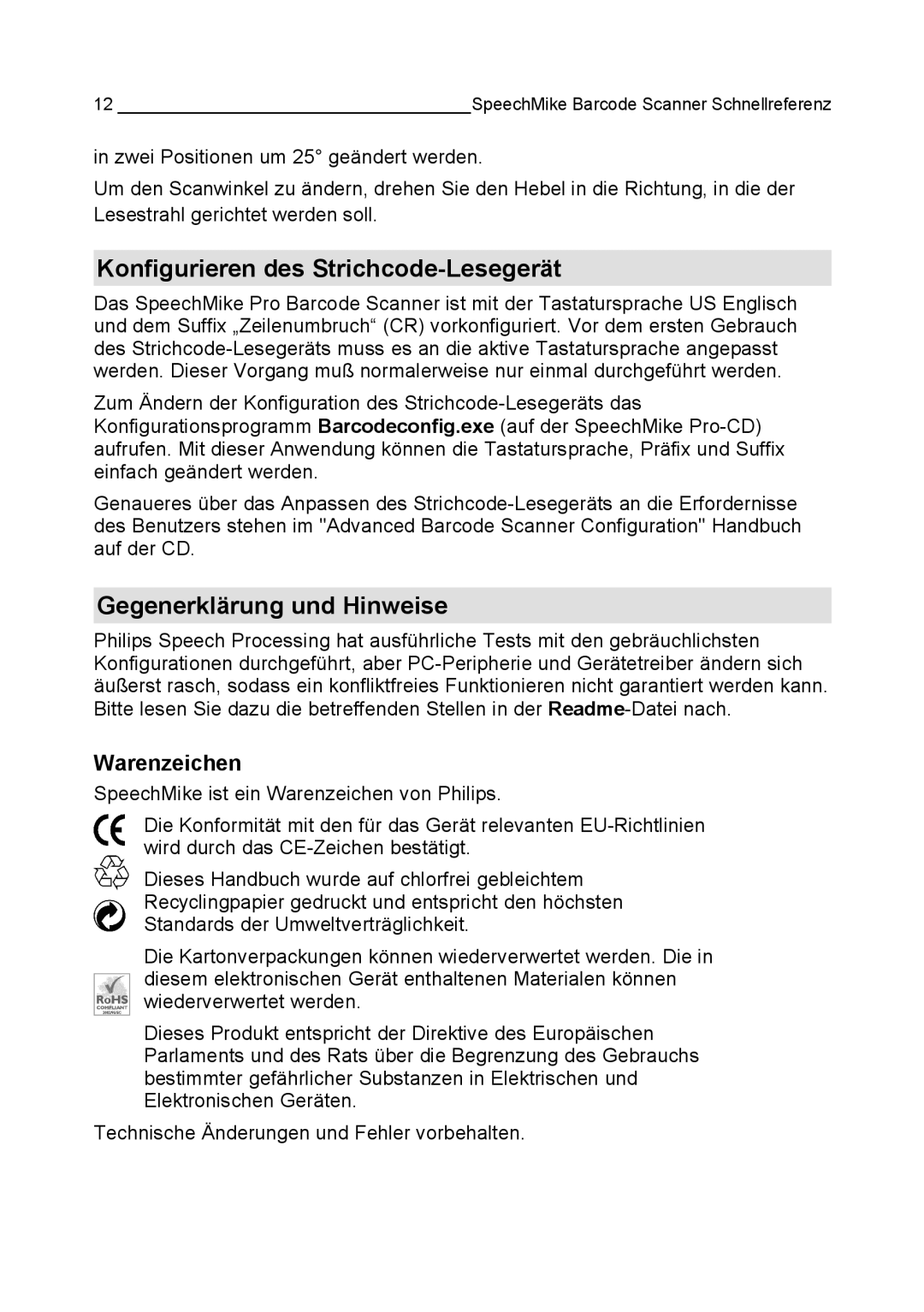 Philips LFH 5284, LFH 5282, LFH 5280 manual Konfigurieren des Strichcode-Lesegerät, Gegenerklärung und Hinweise, Warenzeichen 