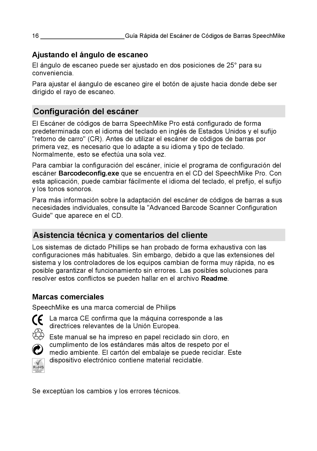 Philips LFH 5282 Configuración del escáner, Asistencia técnica y comentarios del cliente, Ajustando el ángulo de escaneo 