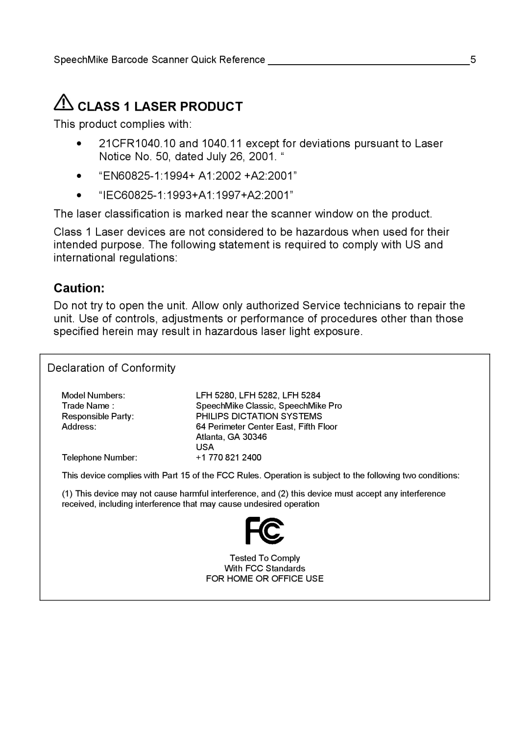 Philips LFH 5280, LFH 5284, LFH 5282 manual Class 1 Laser Product, Usa 