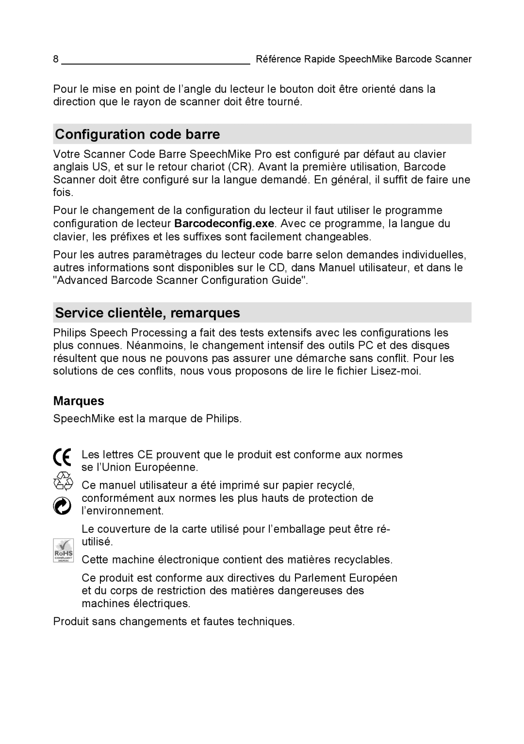 Philips LFH 5280, LFH 5284, LFH 5282 manual Configuration code barre, Service clientèle, remarques, Marques 