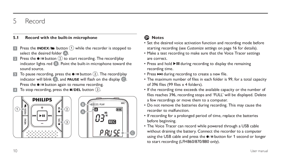 Philips LFH 870, LFH 660 user manual Record with the built-in microphone 