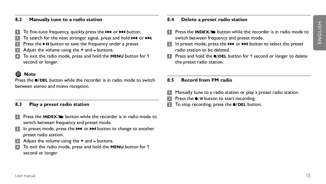 Philips LFH 660, LFH 870 Manually tune to a radio station, Play a preset radio station, Delete a preset radio station 