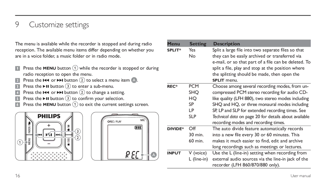 Philips LFH 870, LFH 660 user manual Customize settings, Menu Setting Description 